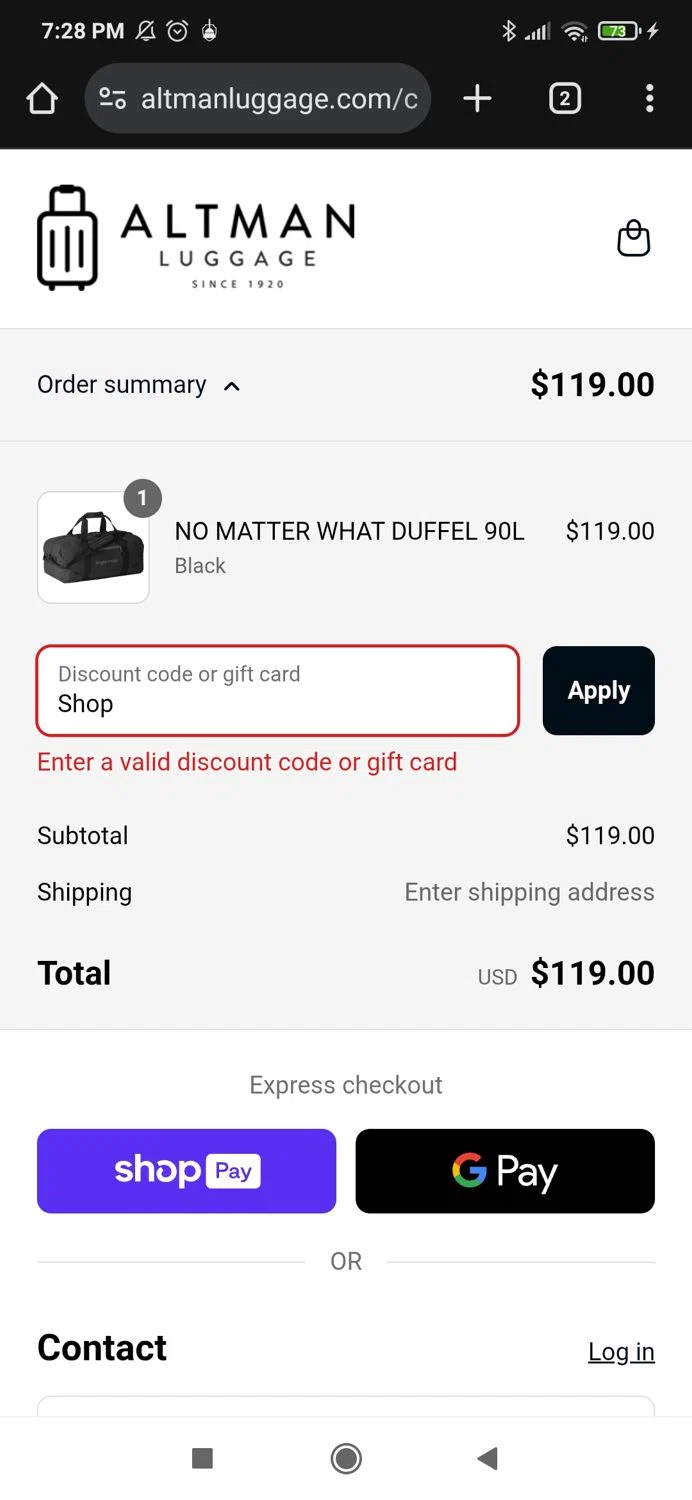Altman Luggage discount code screenshot showing code Shop applied at Altman Luggage checkout page. Uploaded by SimplyCodes community member milennyzarraga on Jun 11, 2025