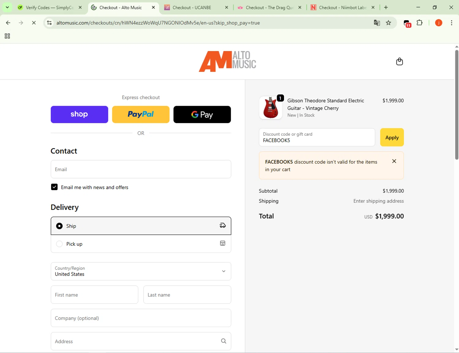 Alto Music promo code screenshot showing code FACEBOOK5 applied at Alto Music checkout page. Uploaded by SimplyCodes community member WonderSpotter5339 on Oct 29, 2025