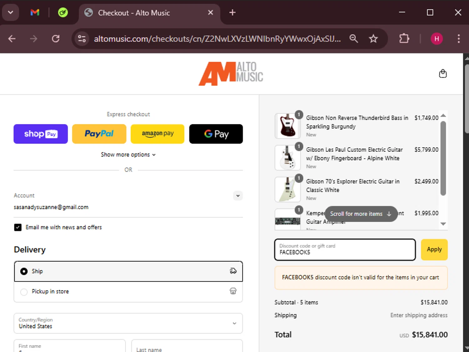 Alto Music promo code screenshot showing code FACEBOOK5 applied at Alto Music checkout page. Uploaded by SimplyCodes community member RewardWarden8289 on Apr 10, 2025