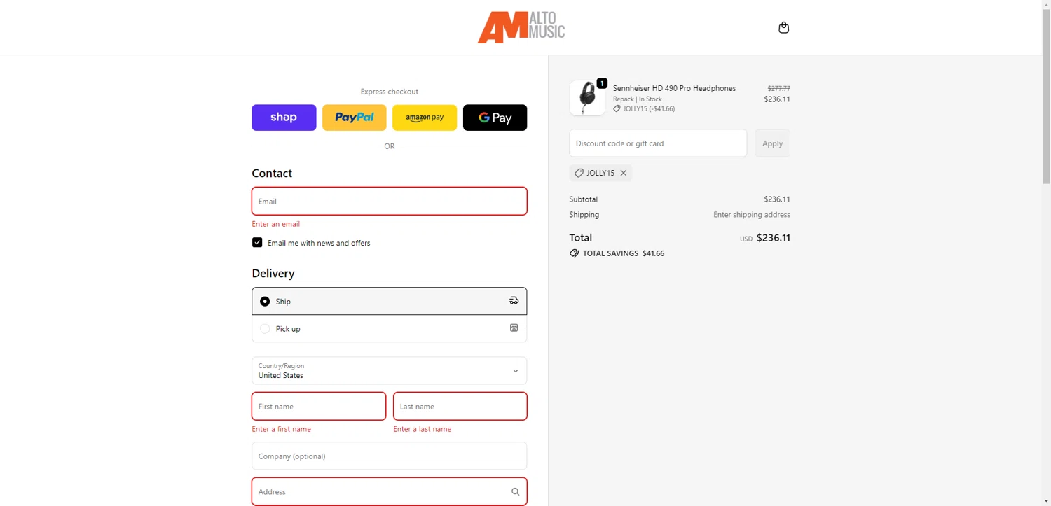 Alto Music promo code screenshot showing code JOLLY15 applied at Alto Music checkout page. Uploaded by SimplyCodes community member PromoAdmiral6652 on Dec 22, 2025