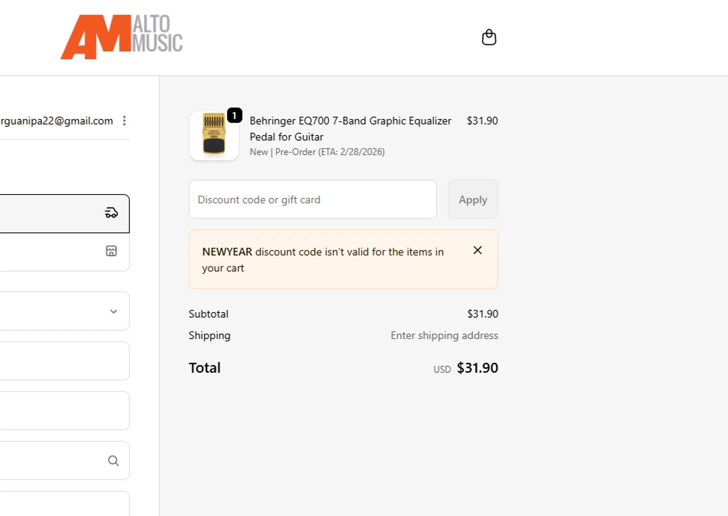 Alto Music checkout page showing Alto Music promo code box | Screenshot taken by SimplyCodes community member on Jan 19, 2026