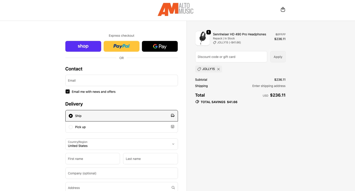 Alto Music promo code screenshot showing code JOLLY15 applied at Alto Music checkout page. Uploaded by SimplyCodes community member ELOIN777 on Dec 22, 2025