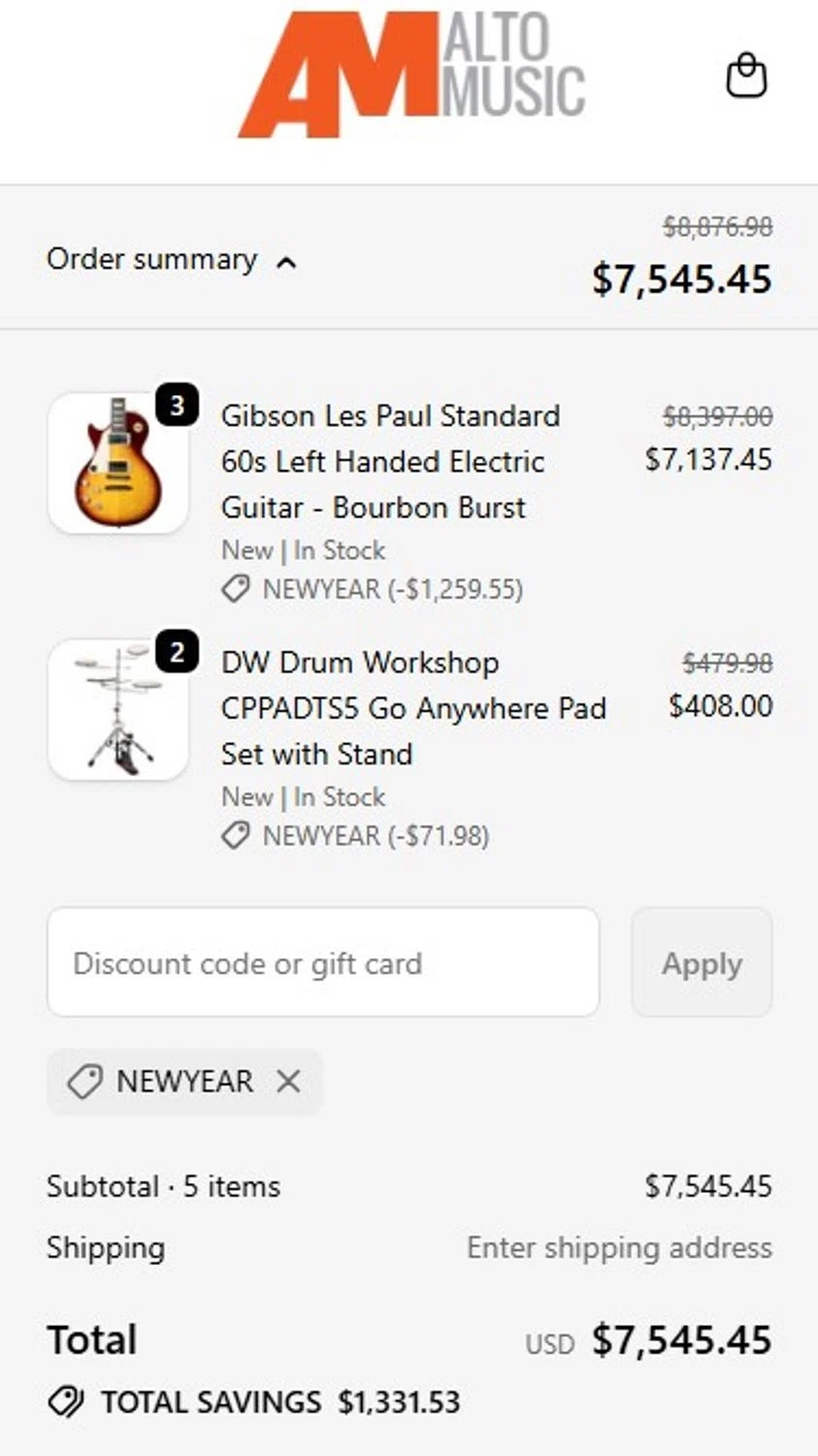 Alto Music promo code screenshot showing code NEWYEAR applied at Alto Music checkout page. Uploaded by SimplyCodes community member RonaldoM32 on Jan 14, 2026