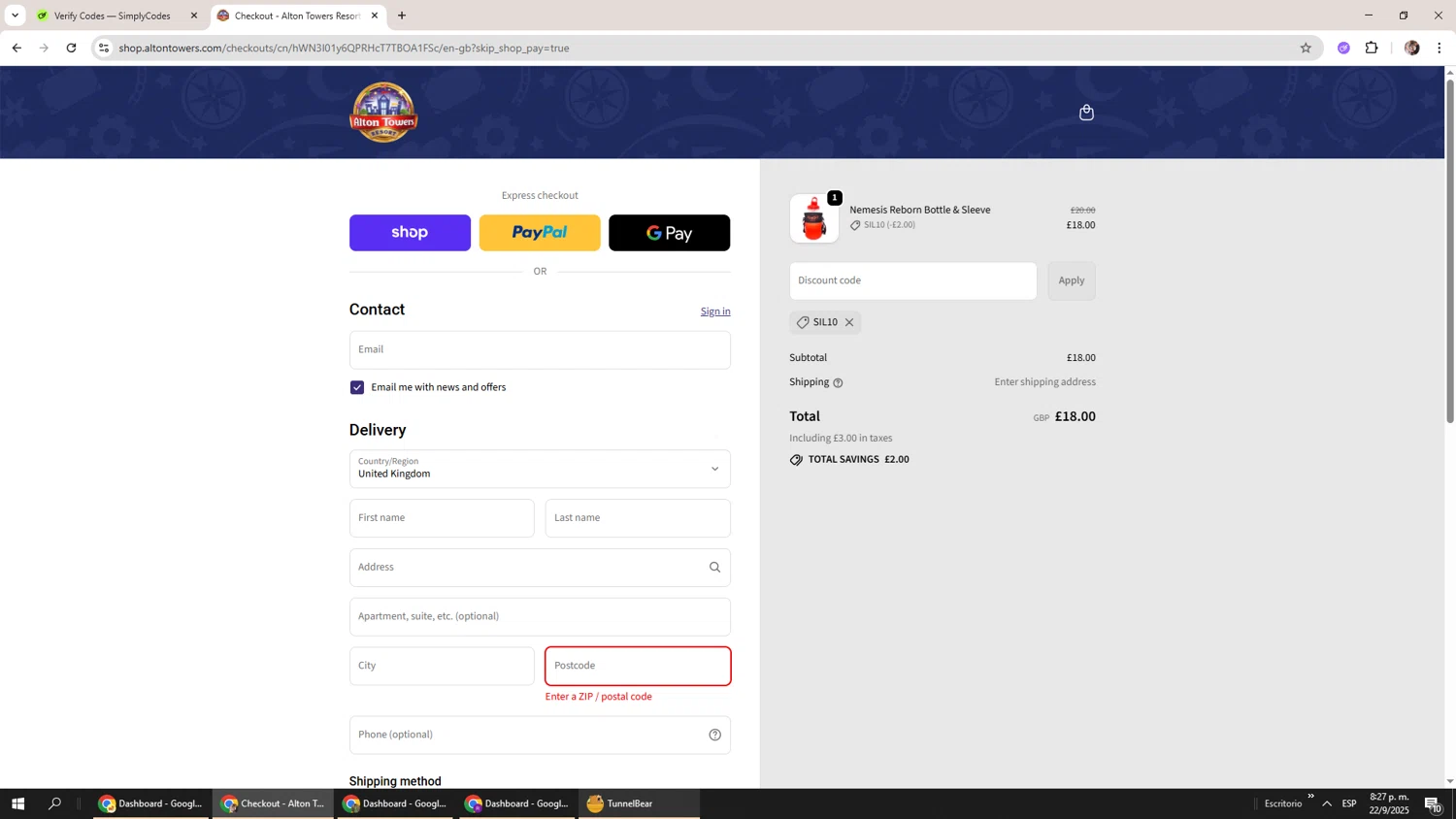 Alton Towers discount code screenshot showing code SIL10 applied at Alton Towers checkout page. Uploaded by SimplyCodes community member Levi_Ackerman on Sep 23, 2025