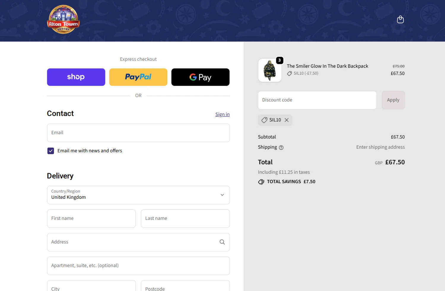 Alton Towers discount code screenshot showing code SIL10 applied at Alton Towers checkout page. Uploaded by SimplyCodes community member VoucherVirtuoso2520 on Nov 5, 2025