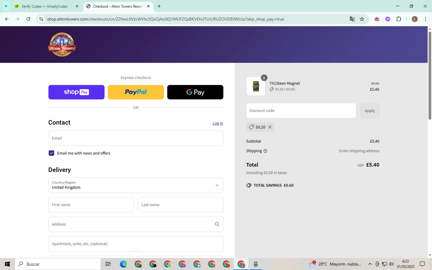 Alton Towers discount code screenshot showing code SIL10 applied at Alton Towers checkout page. Uploaded by SimplyCodes community member BrilliantTiger9986 on May 1, 2025