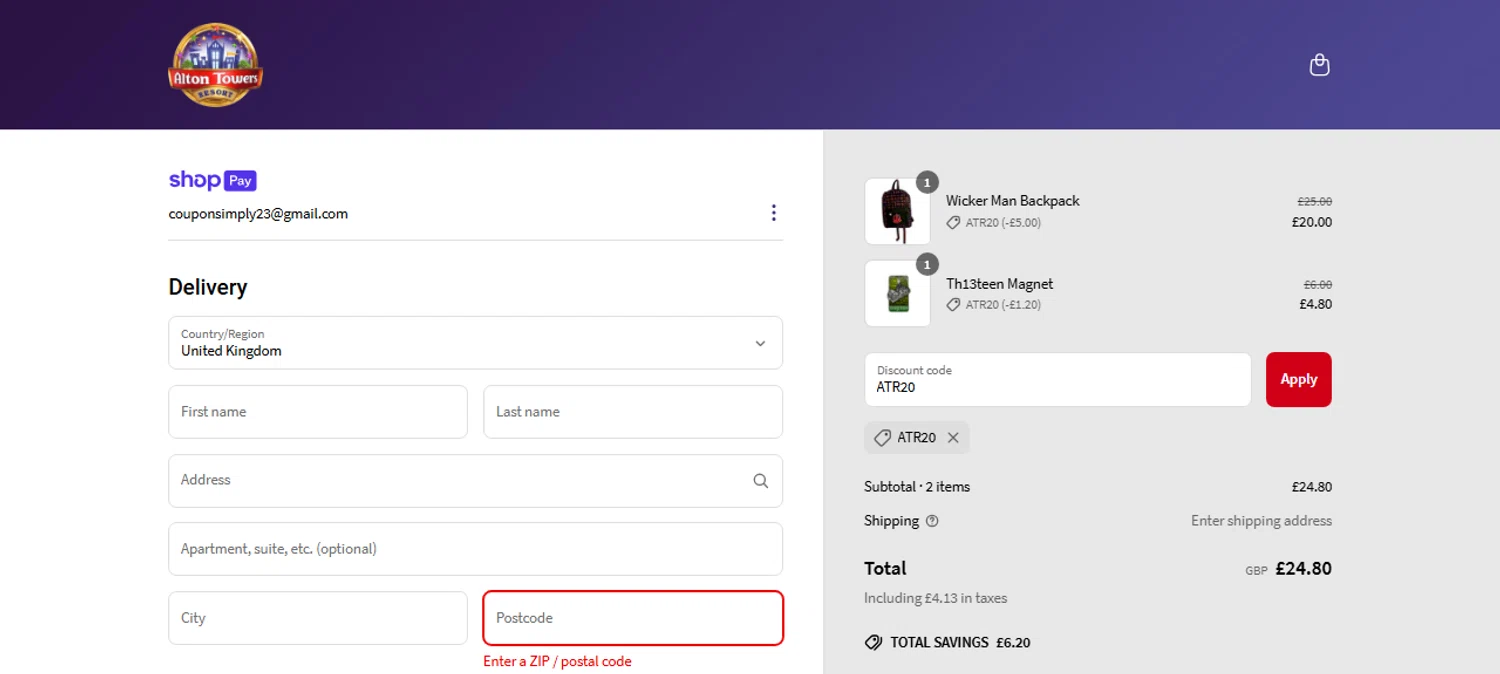 Alton Towers discount code screenshot showing code ATR20 applied at Alton Towers checkout page. Uploaded by SimplyCodes community member Vanecobyuv on May 1, 2025