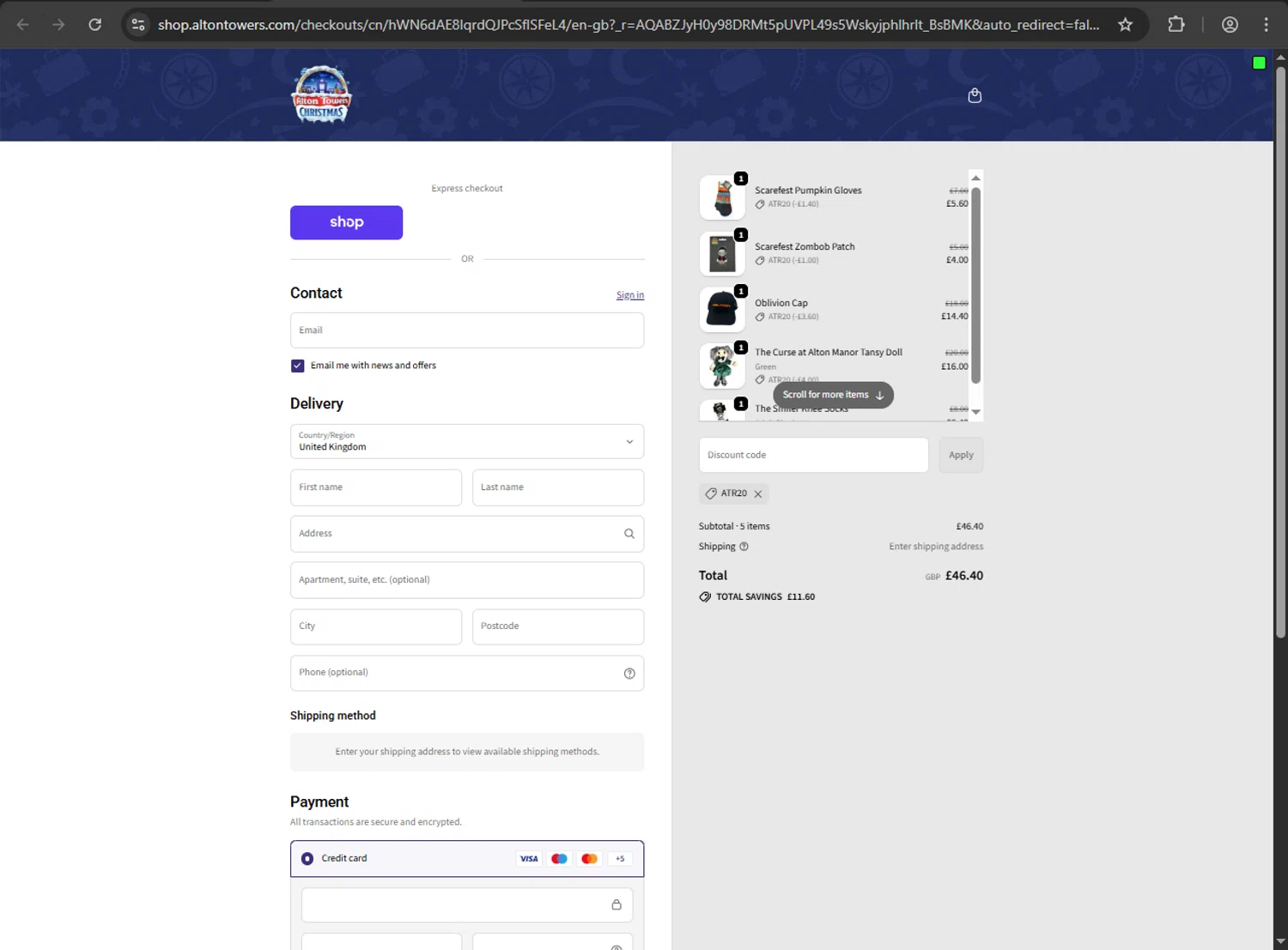 Alton Towers discount code screenshot showing code ATR20 applied at Alton Towers checkout page. Uploaded by SimplyCodes community member fiadaz on Dec 20, 2025