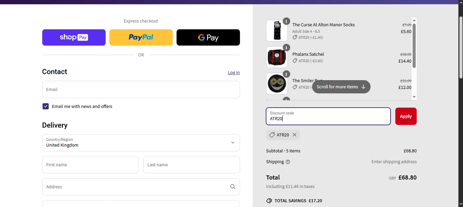 Alton Towers discount code screenshot showing code ATR20 applied at Alton Towers checkout page. Uploaded by SimplyCodes community member noworries on Jun 3, 2025