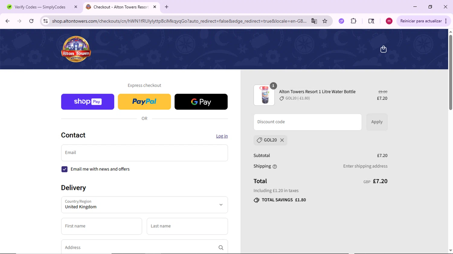 Alton Towers discount code screenshot showing code GOL20 applied at Alton Towers checkout page. Uploaded by SimplyCodes community member PrimeSage7080 on Aug 11, 2025