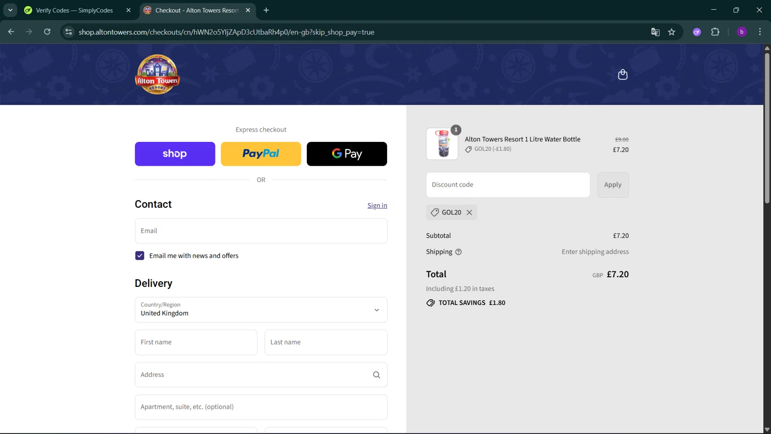 Alton Towers discount code screenshot showing code GOL20 applied at Alton Towers checkout page. Uploaded by SimplyCodes community member RoyalSleuth2430 on Sep 10, 2025