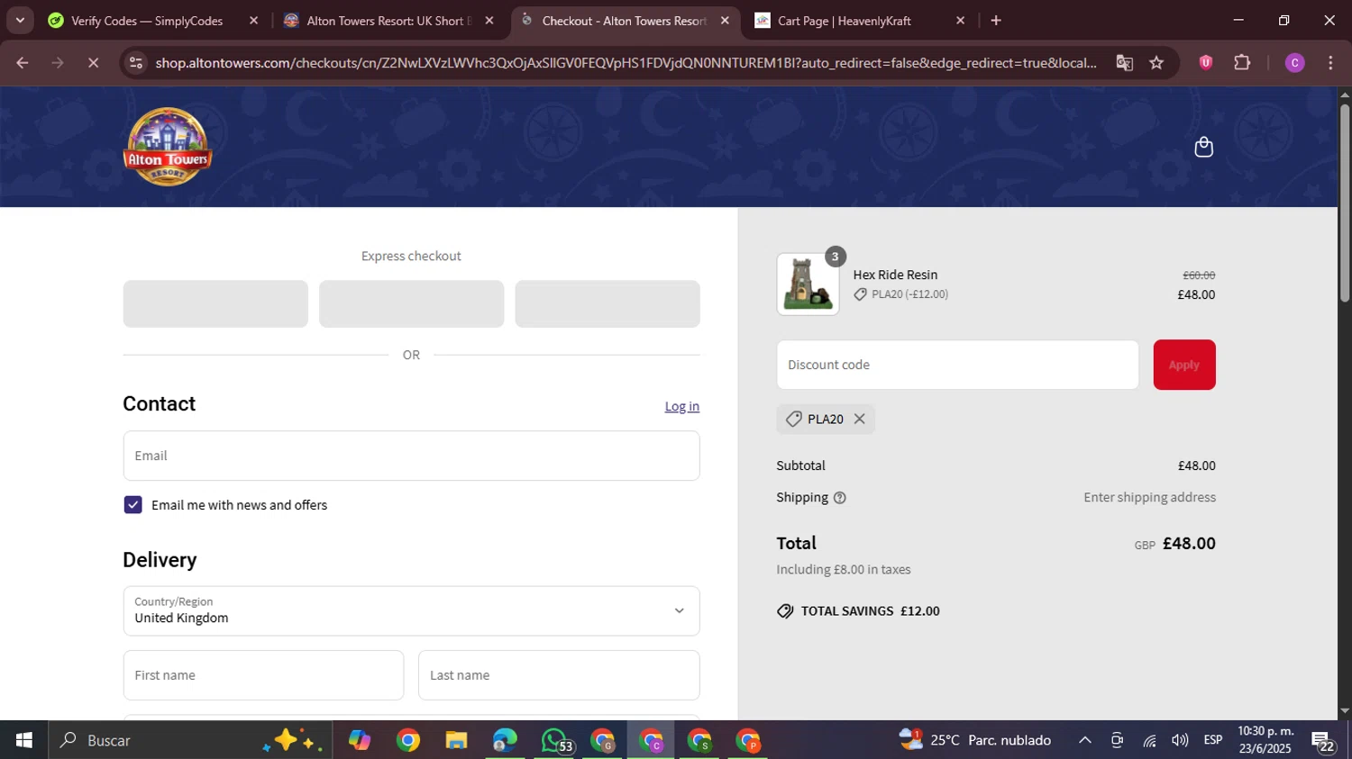 Alton Towers discount code screenshot showing code PLA20 applied at Alton Towers checkout page. Uploaded by SimplyCodes community member FrugalPro5078 on Jun 24, 2025