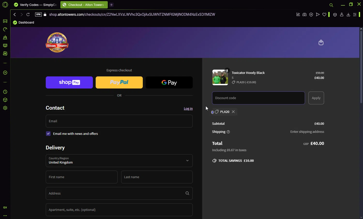 Alton Towers discount code screenshot showing code PLA20 applied at Alton Towers checkout page. Uploaded by SimplyCodes community member Jisus007 on Apr 14, 2025