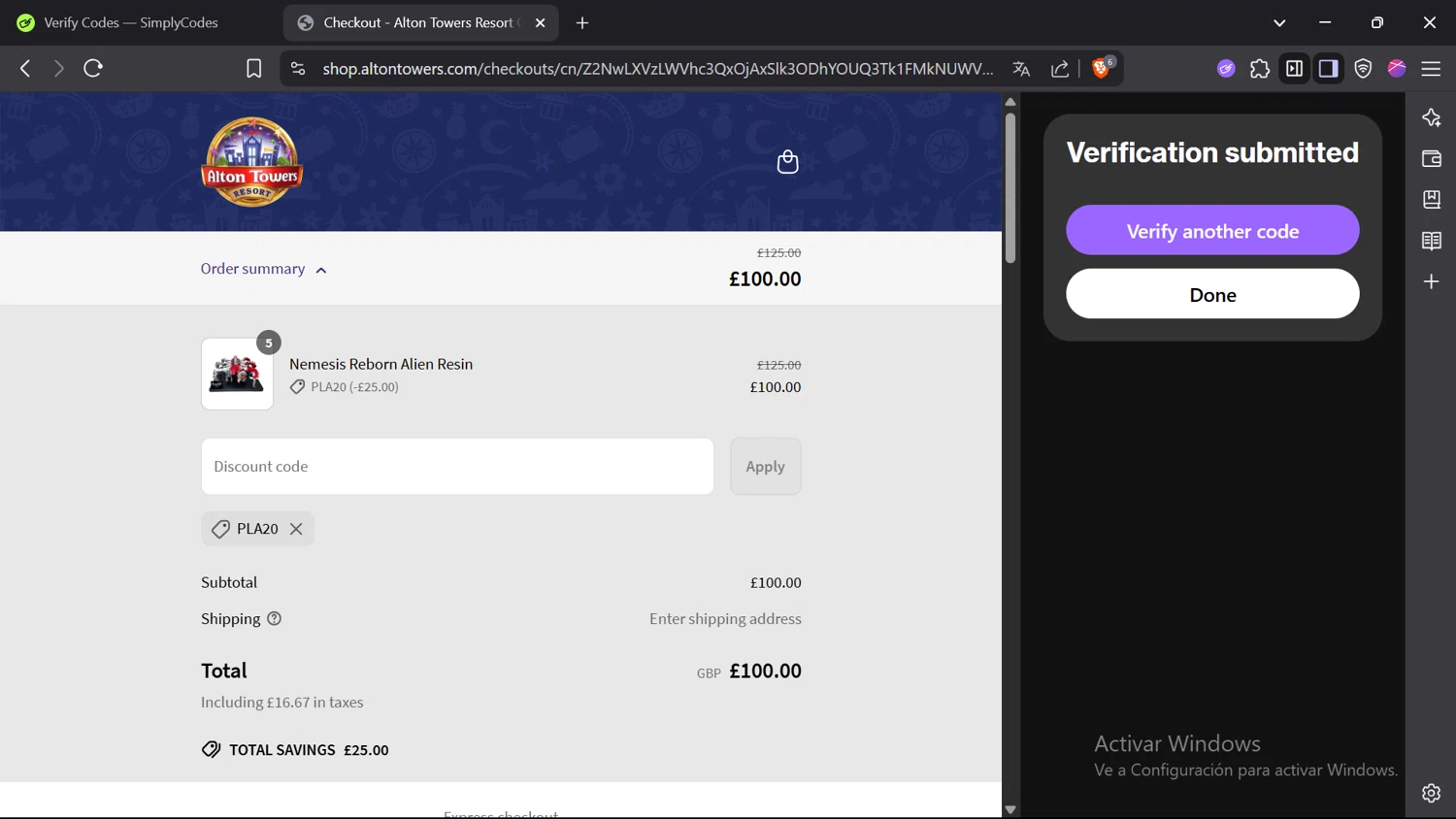 Alton Towers discount code screenshot showing code PLA20 applied at Alton Towers checkout page. Uploaded by SimplyCodes community member comidaparallevar on Jun 20, 2025