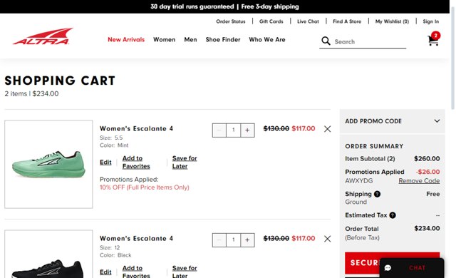 Altra Running Shoes checkout page showing Altra Running Shoes promo code box | Screenshot taken by SimplyCodes community member on May 7, 2024