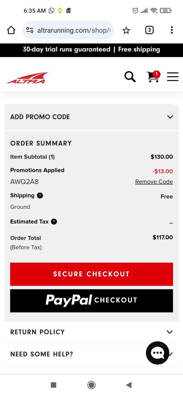 Altra Running Shoes checkout page showing Altra Running Shoes promo code box | Screenshot taken by SimplyCodes community member on May 12, 2024