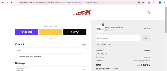 Altra Running Shoes checkout page showing Altra Running Shoes promo code box | Screenshot taken by SimplyCodes community member on May 18, 2024