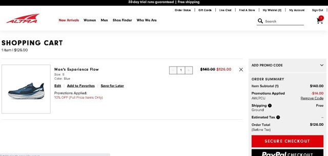 Altra Running Shoes checkout page showing Altra Running Shoes promo code box | Screenshot taken by SimplyCodes community member on May 30, 2024