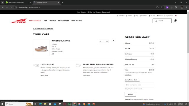 Altra Running Shoes checkout page showing Altra Running Shoes promo code box | Screenshot taken by SimplyCodes community member on Jul 30, 2024