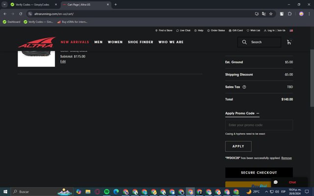 Altra Running Shoes checkout page showing Altra Running Shoes promo code box | Screenshot taken by SimplyCodes community member on Aug 21, 2024