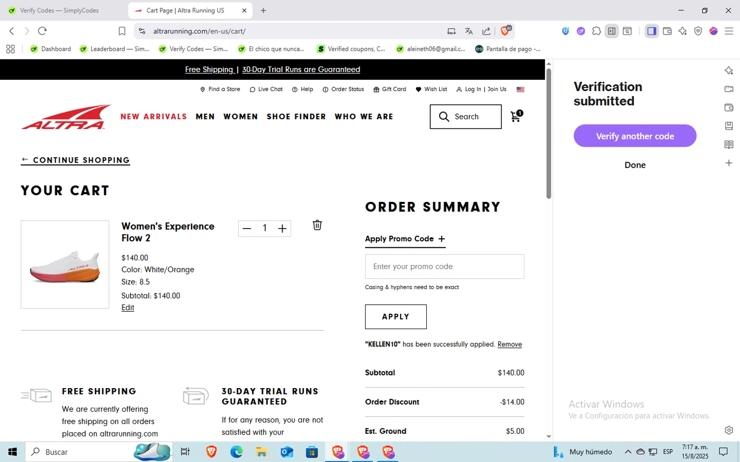 Altra Running Shoes promo code screenshot showing code kellen10 applied at Altra Running Shoes checkout page. Uploaded by SimplyCodes community member holaquetal on Aug 15, 2025