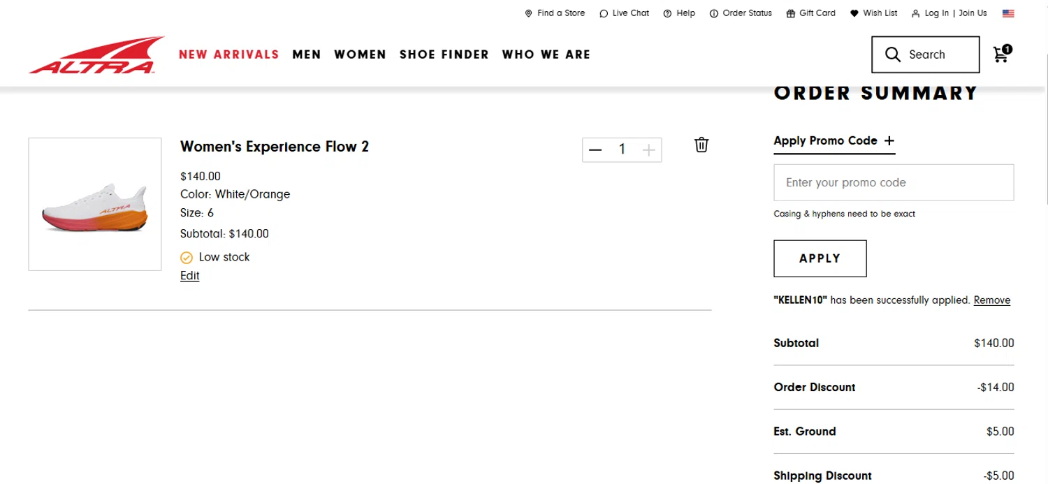 Altra Running Shoes promo code screenshot showing code kellen10 applied at Altra Running Shoes checkout page. Uploaded by SimplyCodes community member shark12 on Aug 5, 2025