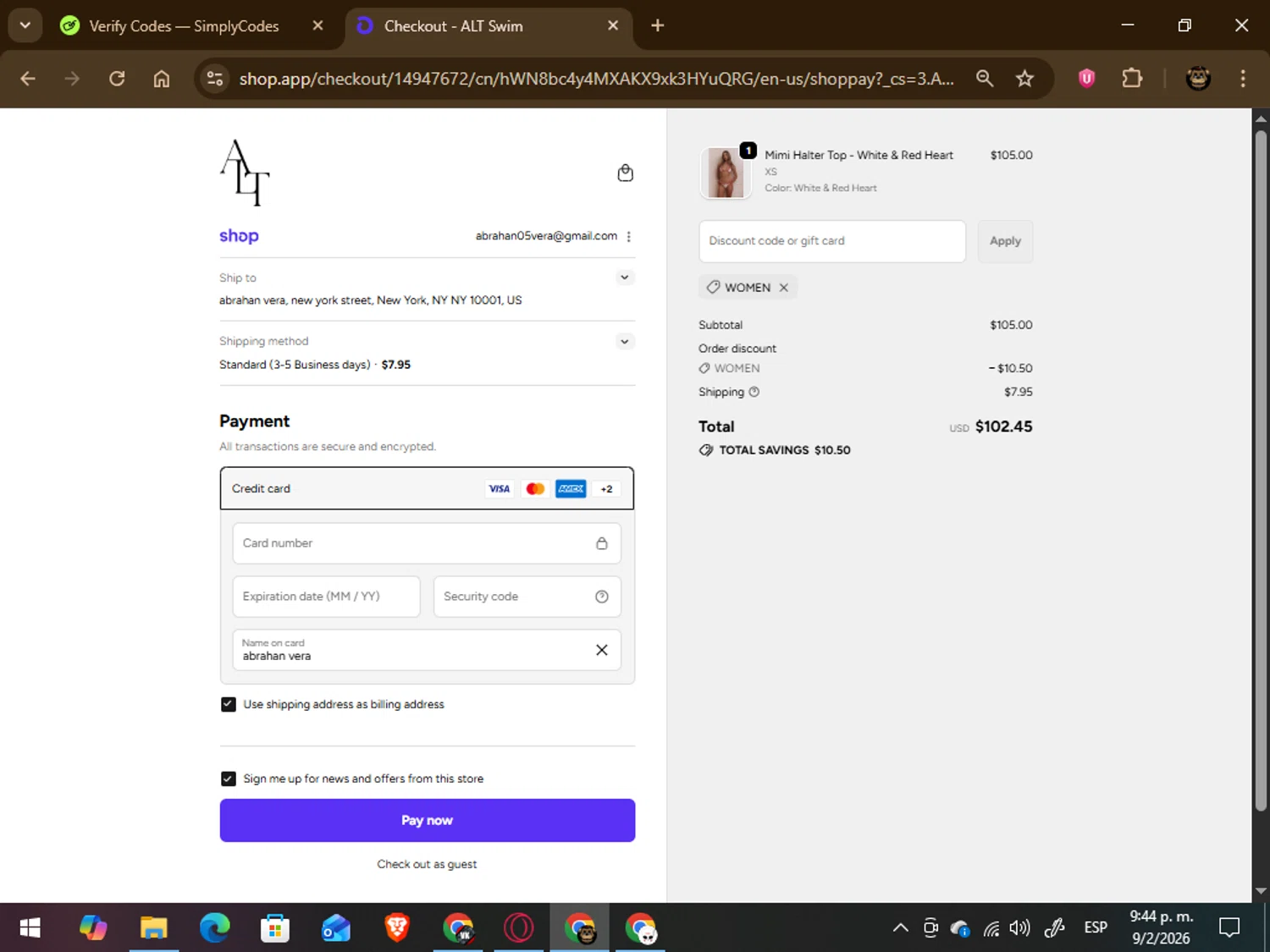 ALT SWIM checkout page showing ALT SWIM discount code box | Screenshot taken by SimplyCodes community member on Feb 10, 2026