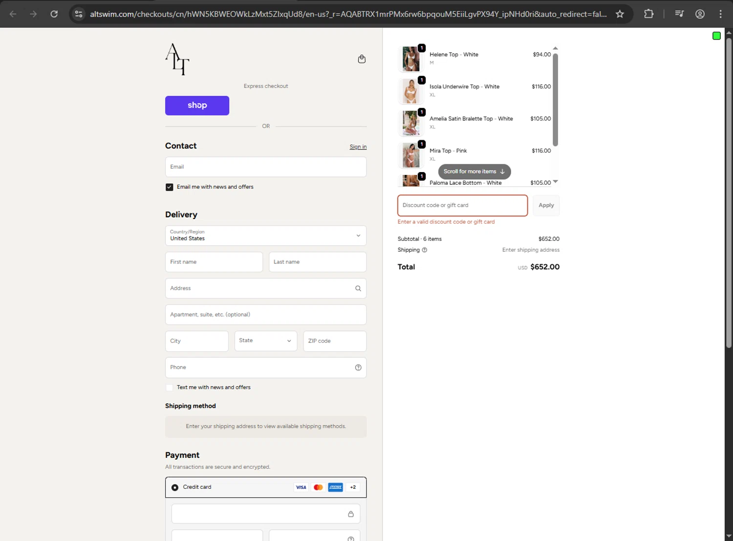 ALT SWIM discount code screenshot showing code WOMEN applied at ALT SWIM checkout page. Uploaded by SimplyCodes community member nikelson on Nov 15, 2025