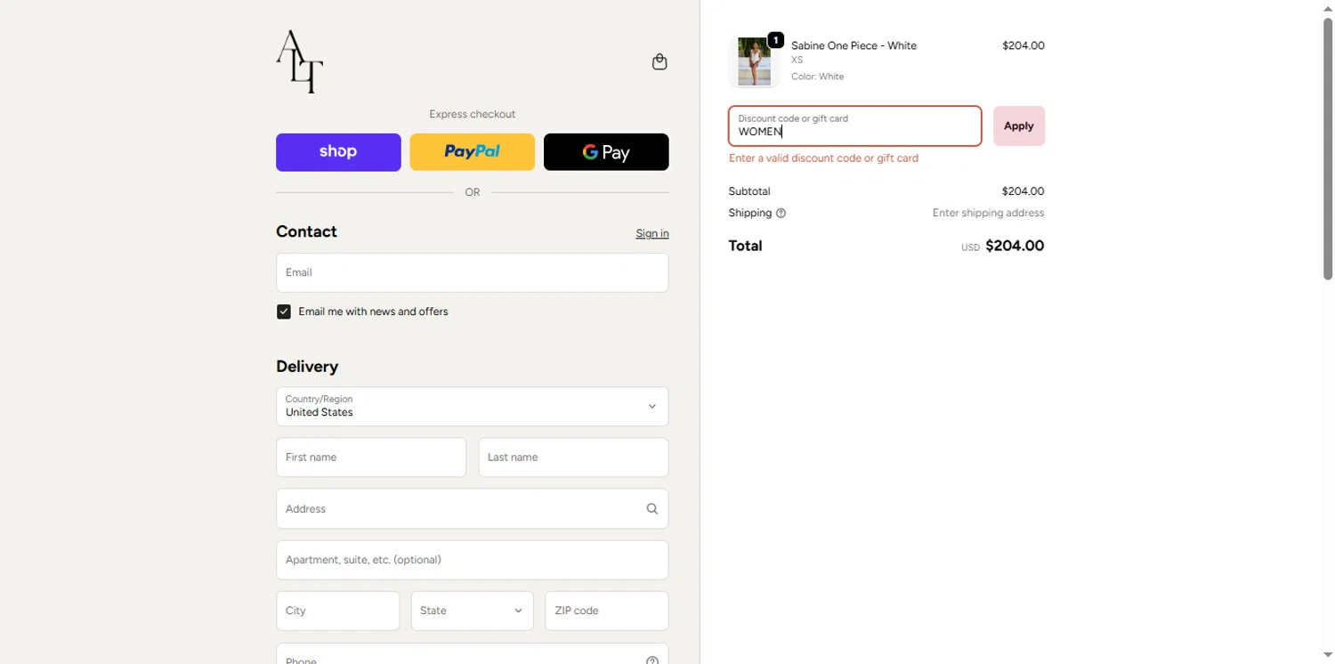 ALT SWIM discount code screenshot showing code WOMEN applied at ALT SWIM checkout page. Uploaded by SimplyCodes community member renegul on Nov 15, 2025