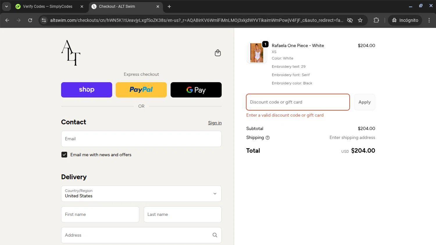 ALT SWIM discount code screenshot showing code Boxingday applied at ALT SWIM checkout page. Uploaded by SimplyCodes community member AVAMUSTANG on Nov 15, 2025