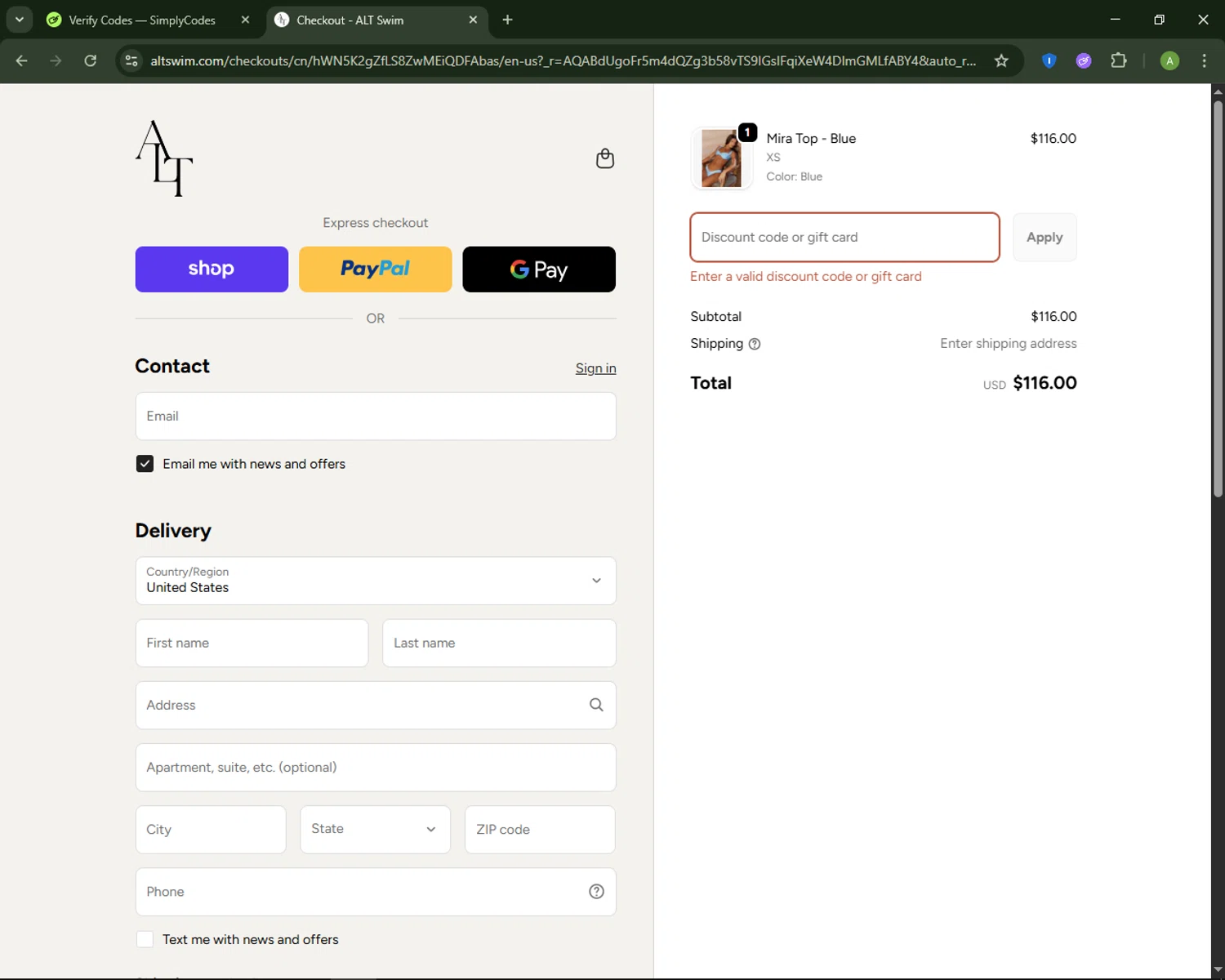 ALT SWIM discount code screenshot showing code Boxingday applied at ALT SWIM checkout page. Uploaded by SimplyCodes community member MagnificentSaver708 on Nov 15, 2025