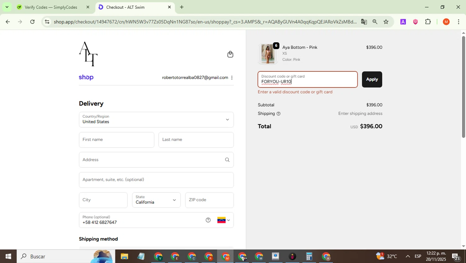ALT SWIM discount code screenshot showing code FORYOU-UR10 applied at ALT SWIM checkout page. Uploaded by SimplyCodes community member BrilliantTiger6187 on Nov 20, 2025
