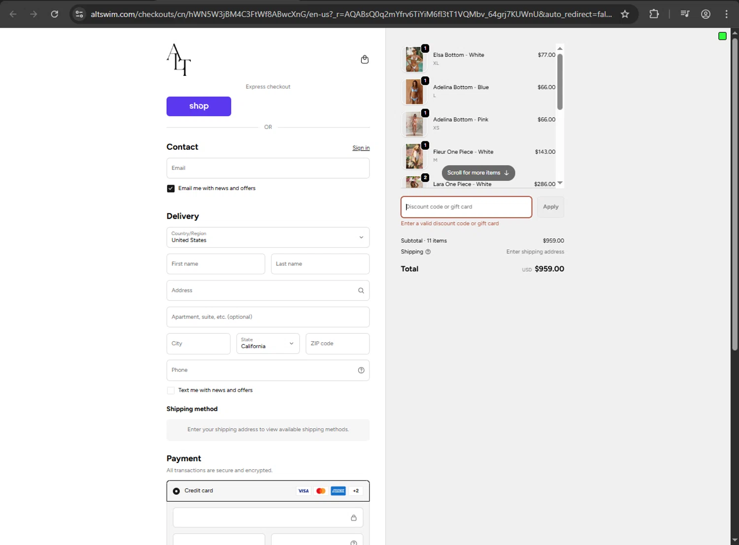 ALT SWIM discount code screenshot showing code FORYOU-UR10 applied at ALT SWIM checkout page. Uploaded by SimplyCodes community member MRDEAL on Nov 20, 2025