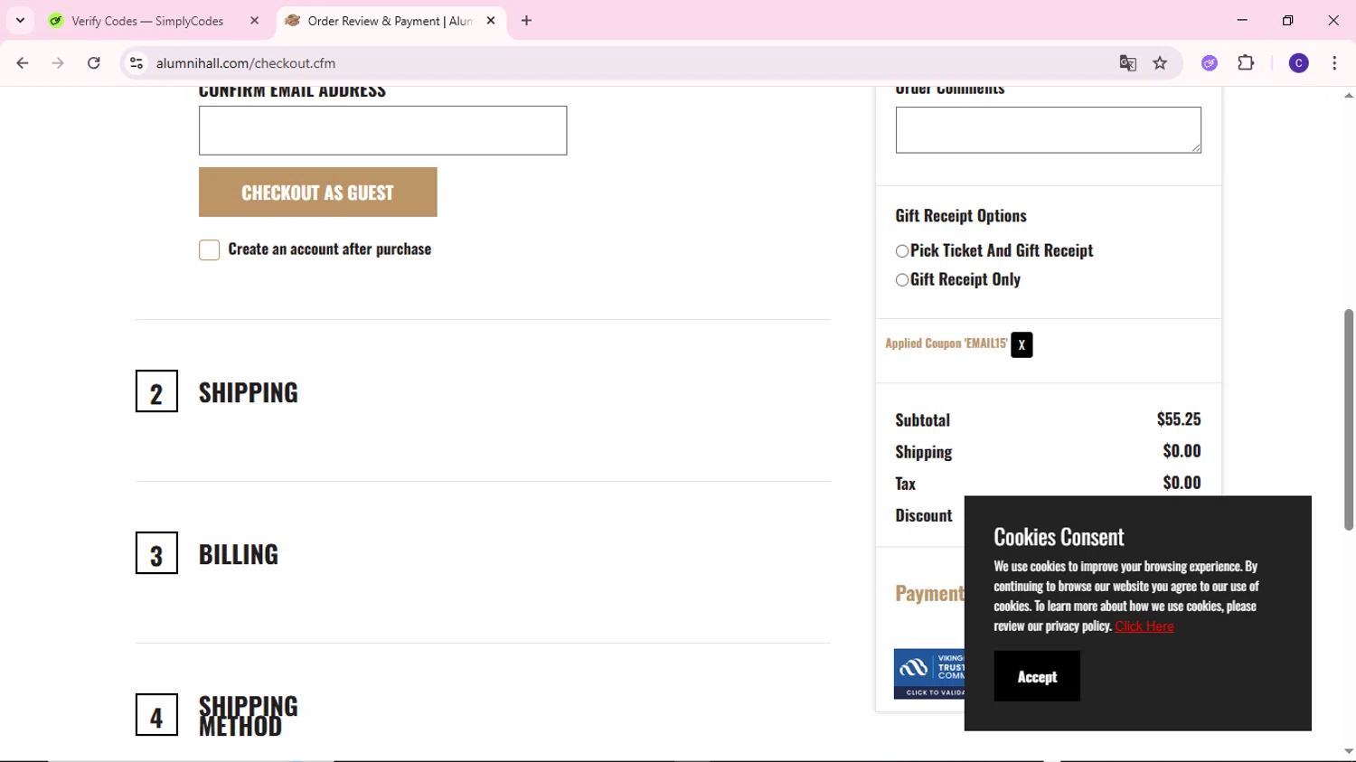 Alumni Hall discount code screenshot showing code email15 applied at Alumni Hall checkout page. Uploaded by SimplyCodes community member MoneyWizard2699 on Jul 7, 2025