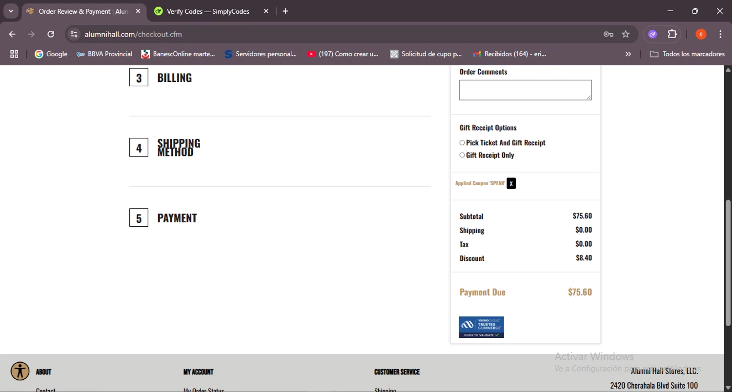 Alumni Hall discount code screenshot showing code SPEAR applied at Alumni Hall checkout page. Uploaded by SimplyCodes community member BrilliantSleuth7740 on Jul 23, 2025