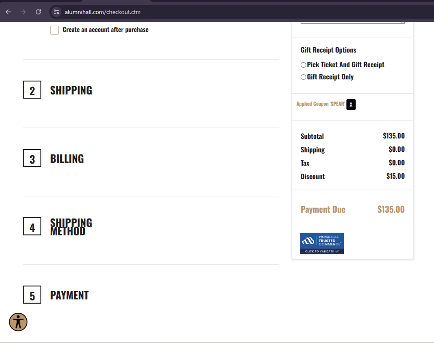 Alumni Hall discount code screenshot showing code SPEAR applied at Alumni Hall checkout page. Uploaded by SimplyCodes community member MoneySage8222 on Jul 23, 2025