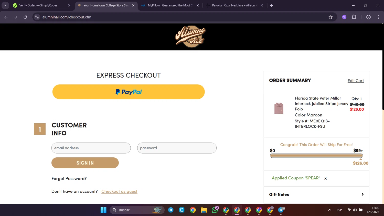 Alumni Hall discount code screenshot showing code SPEAR applied at Alumni Hall checkout page. Uploaded by SimplyCodes community member Puppet on Aug 6, 2025
