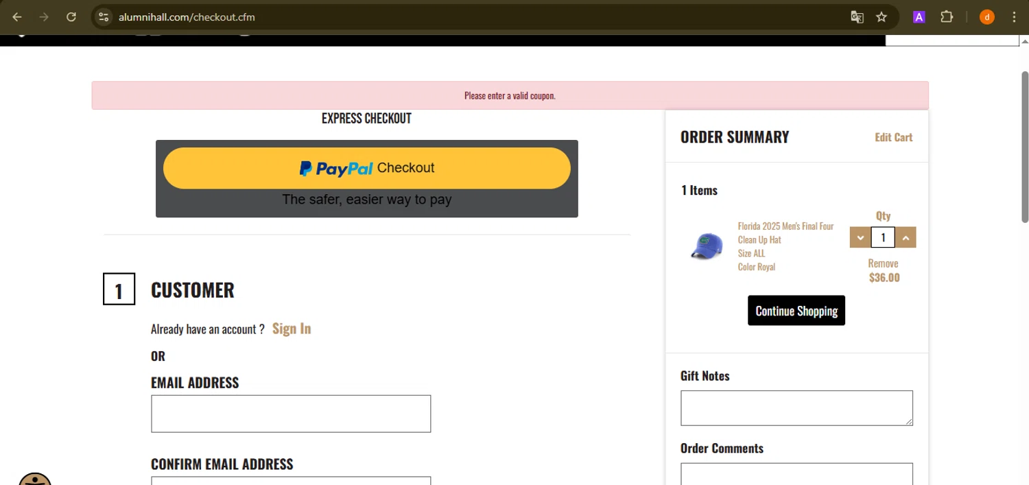 Alumni Hall discount code screenshot showing code SPRING applied at Alumni Hall checkout page. Uploaded by SimplyCodes community member PennyAdmiral6960 on Apr 1, 2025