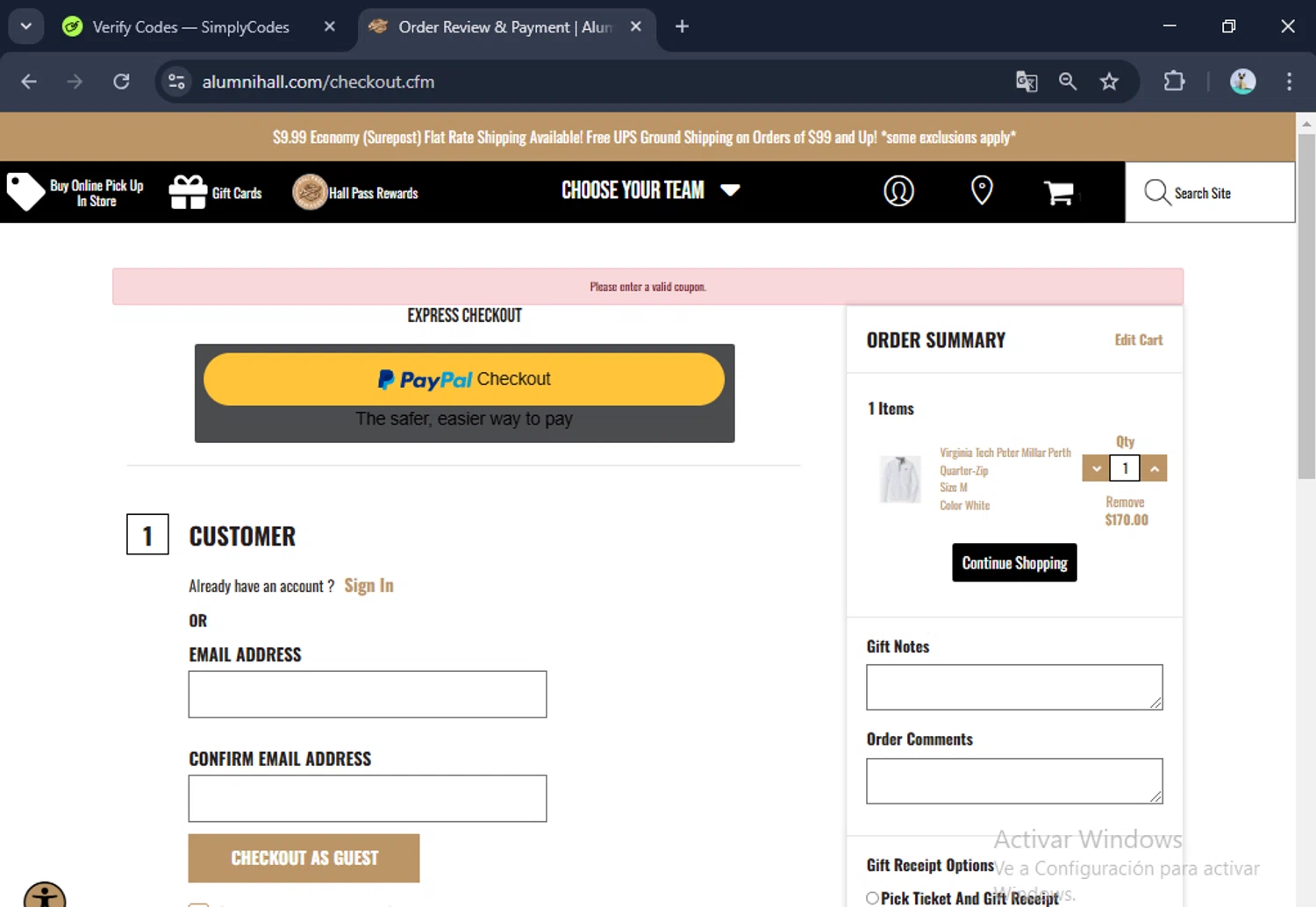 Alumni Hall discount code screenshot showing code SPRING applied at Alumni Hall checkout page. Uploaded by SimplyCodes community member toti2222 on Apr 1, 2025