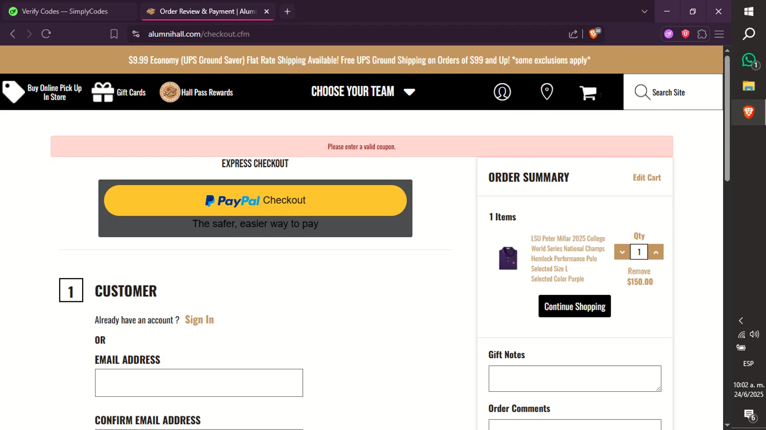 Alumni Hall discount code screenshot showing code fordad25 applied at Alumni Hall checkout page. Uploaded by SimplyCodes community member xXdevoragoticas69Xx on Jun 24, 2025