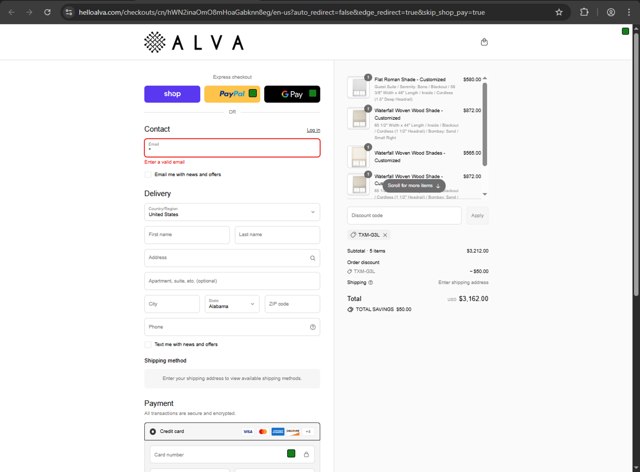 Alva checkout page showing Alva discount code box | Screenshot taken by SimplyCodes community member on Sep 8, 2025