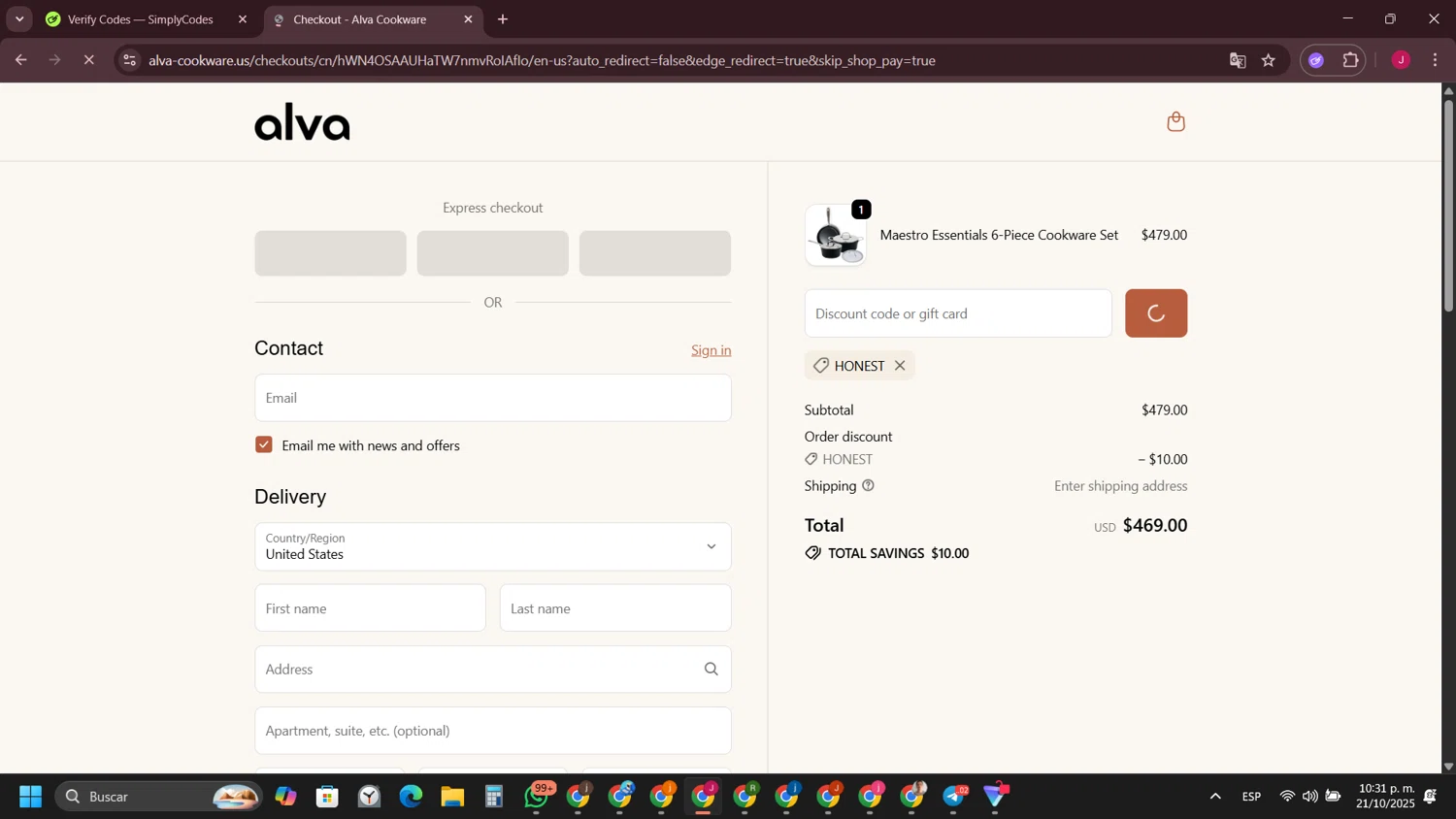 Alva Cookware discount code screenshot showing code HONEST applied at Alva Cookware checkout page. Uploaded by SimplyCodes community member FrugalFinder745 on Oct 22, 2025
