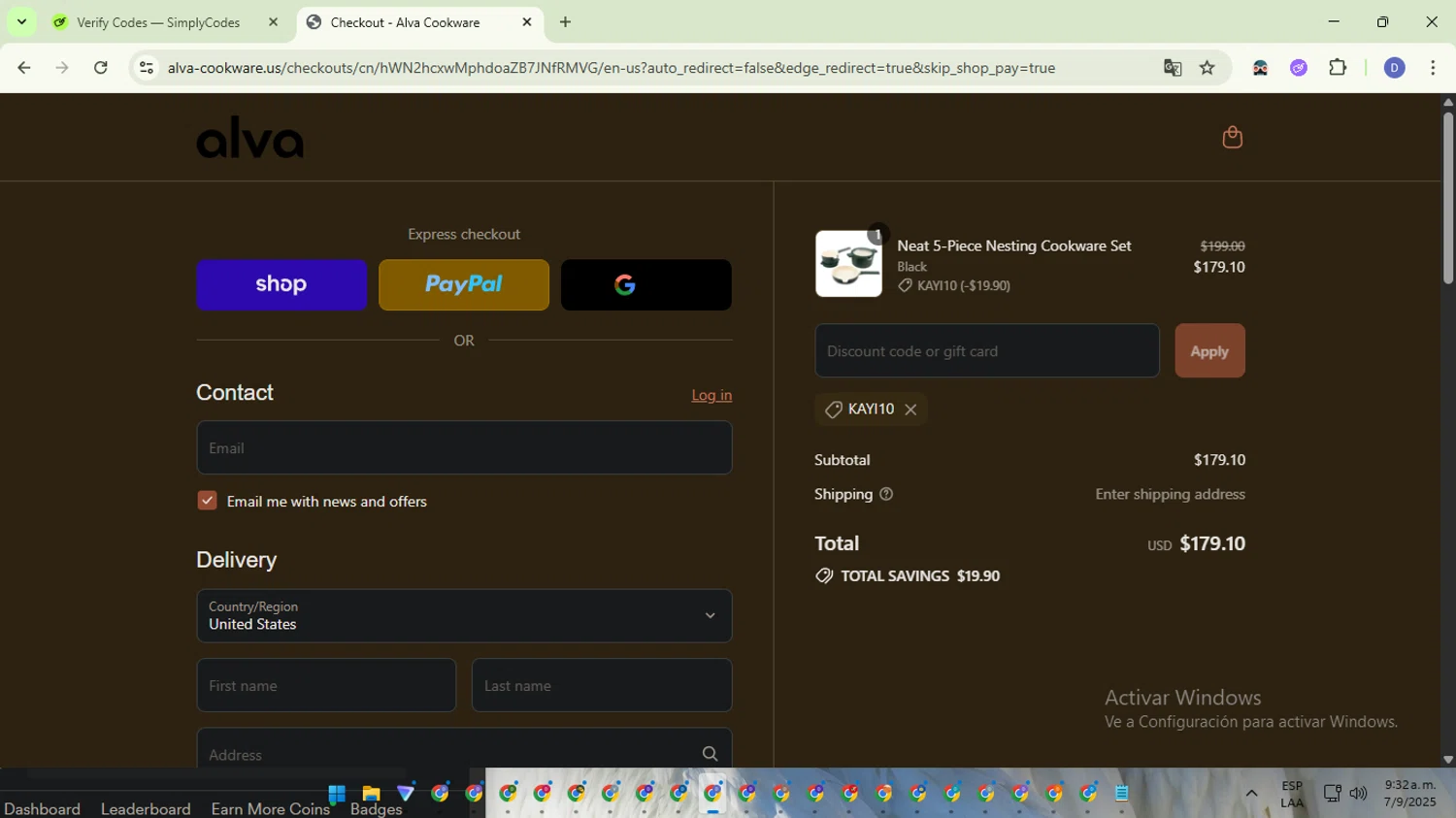 Alva Cookware discount code screenshot showing code KAYI10 applied at Alva Cookware checkout page. Uploaded by SimplyCodes community member VoucherTitan8325 on Sep 7, 2025