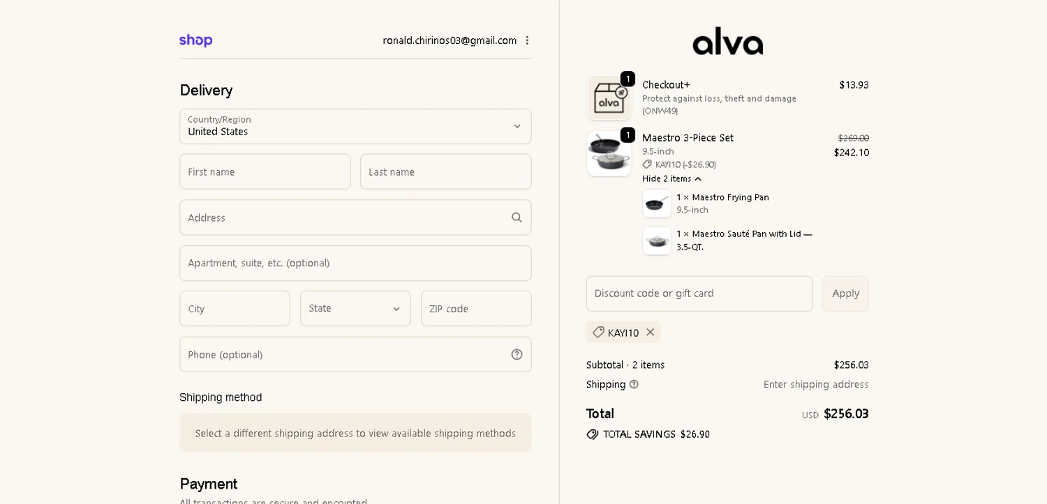 Alva Cookware discount code screenshot showing code KAYI10 applied at Alva Cookware checkout page. Uploaded by SimplyCodes community member davisams on Dec 27, 2025