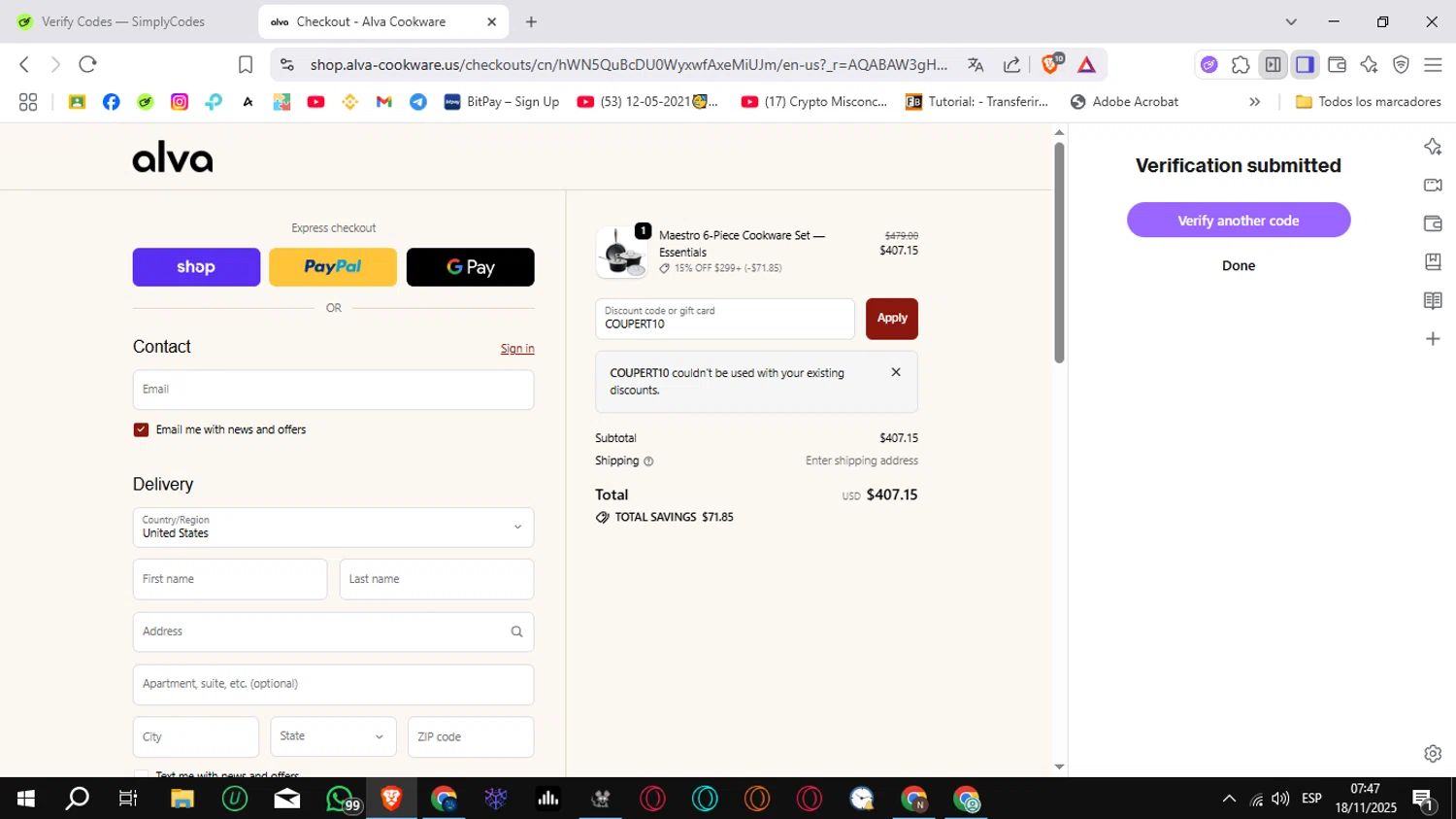 Alva Cookware discount code screenshot showing code COUPERT10 applied at Alva Cookware checkout page. Uploaded by SimplyCodes community member Sungjinwoo on Nov 18, 2025