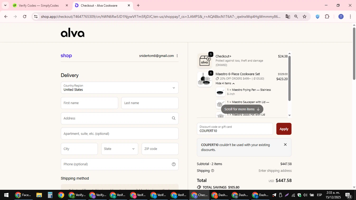 Alva Cookware discount code screenshot showing code COUPERT10 applied at Alva Cookware checkout page. Uploaded by SimplyCodes community member snidertom8 on Dec 15, 2025