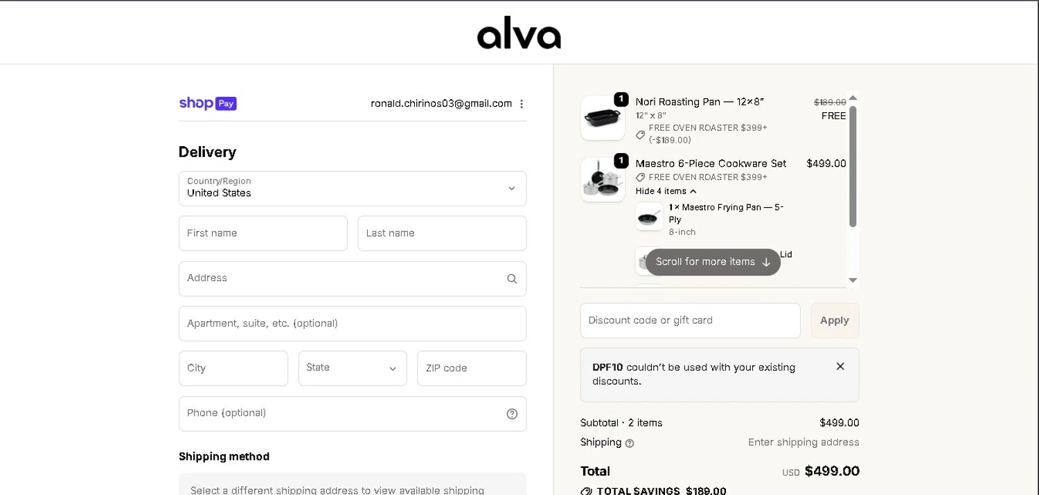 Alva Cookware checkout page showing Alva Cookware discount code box | Screenshot taken by SimplyCodes community member on Jan 11, 2026
