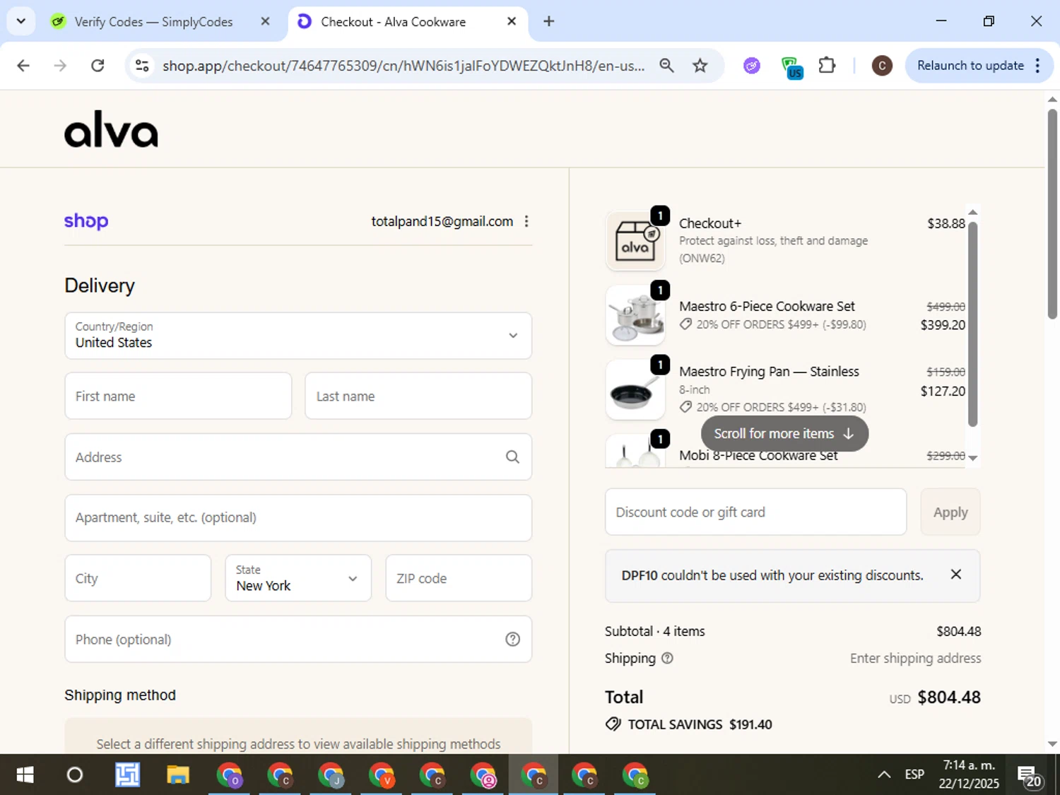 Alva Cookware discount code screenshot showing code DPF10 applied at Alva Cookware checkout page. Uploaded by SimplyCodes community member TreasureFox8596 on Dec 22, 2025
