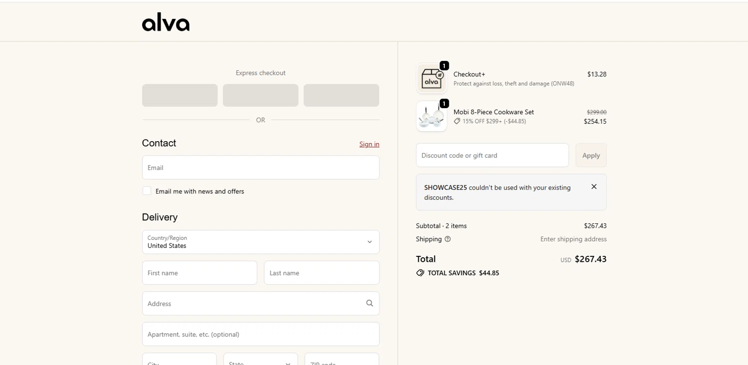 Alva Cookware discount code screenshot showing code SHOWCASE25 applied at Alva Cookware checkout page. Uploaded by SimplyCodes community member MagnifiHero3476 on Dec 22, 2025