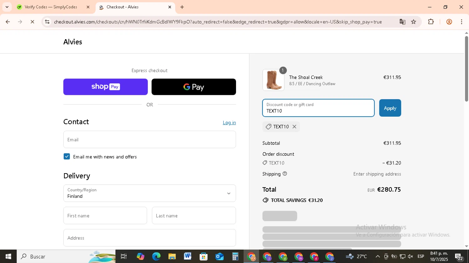 Alvies discount code screenshot showing code TEXT10 applied at Alvies checkout page. Uploaded by SimplyCodes community member RebateCollector5909 on Jul 11, 2025